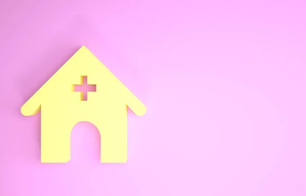 Hospital amarillo de medicina veterinaria, clínica o tienda de mascotas para animales icono aislado sobre fondo rosa. Veterinaria o veterinaria clínica. Concepto minimalista. 3D ilustración 3D render — Foto de Stock