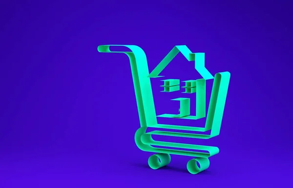 Zöld bevásárlókocsi ház ikon elszigetelt kék háttér. Vegyél házat! Lakáshitel koncepció, bérleti díj, ingatlan vásárlás. Minimalizmus koncepció. 3d illusztráció 3d render — Stock Fotó