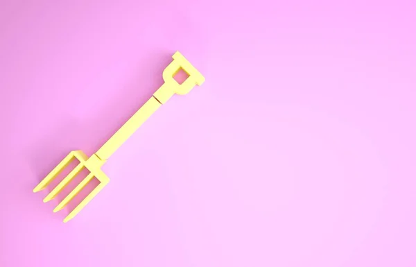 Κίτρινος Κήπος pitchfork εικονίδιο απομονώνονται σε ροζ φόντο. Σημάδι από πιρούνι. Εργαλείο για κηπουρική, γεωργία, γεωργία. Μινιμαλιστική έννοια. 3d απεικόνιση 3D καθιστούν — Φωτογραφία Αρχείου