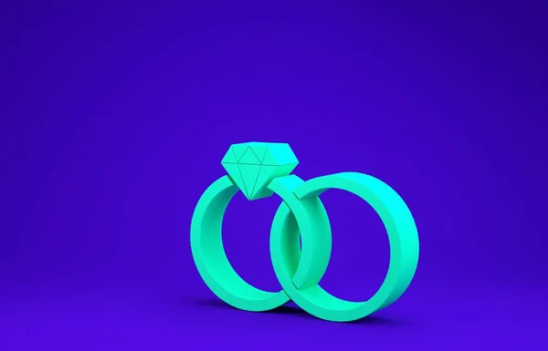 Green Wedding rings icon isolated on blue background. Bride and groom jewelery sign. Marriage icon. Diamond ring. Minimalism concept. 3d illustration 3D render