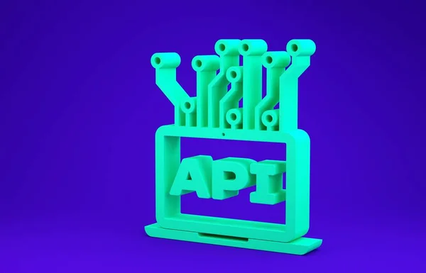 Computador verde ícone de interface api isolado no fundo azul. Aplicação tecnologia API interface de programação. Integração de software. Conceito de minimalismo. 3D ilustração 3D render — Fotografia de Stock