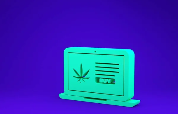 Green Laptop y marihuana medicinal o icono de la hoja de cannabis aislado sobre fondo azul. Símbolo de compra online. Cesta del supermercado. Concepto minimalista. 3D ilustración 3D render — Foto de Stock