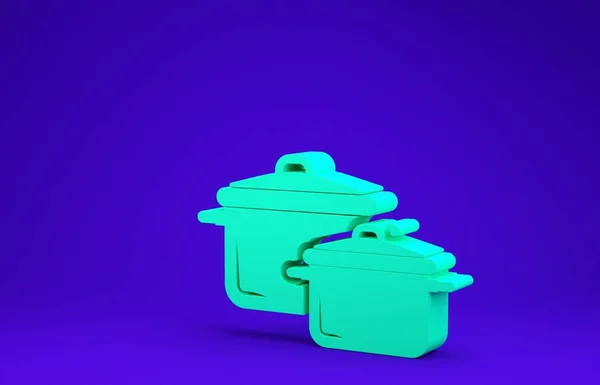 Grünes Kochtopfsymbol isoliert auf blauem Hintergrund. Kochen oder schmoren Lebensmittel Symbol. Minimalismus-Konzept. 3D Illustration 3D Renderer — Stockfoto