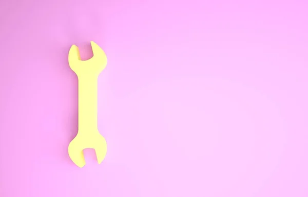 Жовтий гайковий ключ ізольовано на рожевому фоні. Інструмент для ремонту ключів. Символ інструменту обслуговування. Концепція мінімалізму. 3D ілюстрація 3D рендеринга — стокове фото