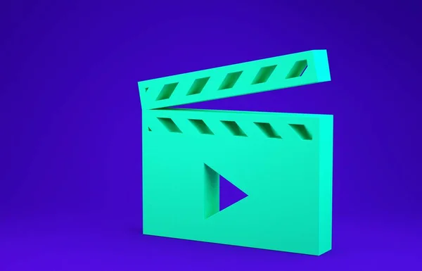 Grünes Filmklappsymbol isoliert auf blauem Hintergrund. Filmklappbrett. Klappschild. Kinoproduktion oder Medienindustriekonzept. Minimalismus-Konzept. 3D Illustration 3D Renderer — Stockfoto