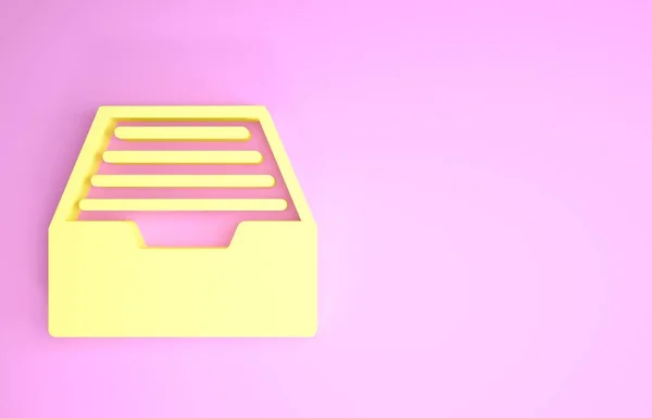 Żółta szuflada z ikoną dokumentów na różowym tle. Szuflada na dokumenty archiwalne. Szuflada na dokumenty. Meble biurowe. Koncepcja minimalizmu. Ilustracja 3d — Zdjęcie stockowe