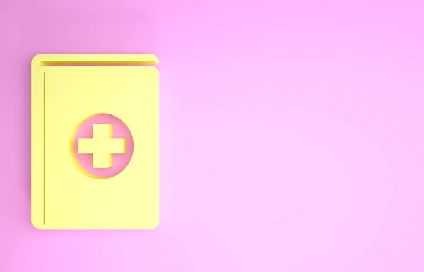 Ícone de livro médico amarelo isolado no fundo rosa. Conceito de minimalismo. 3D ilustração 3D render — Fotografia de Stock