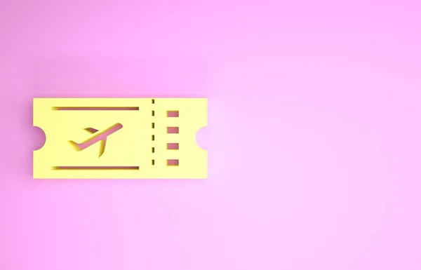 Ícone de bilhete Amarelo Airline isolado no fundo rosa. Um bilhete de avião. Conceito de minimalismo. 3D ilustração 3D render — Fotografia de Stock