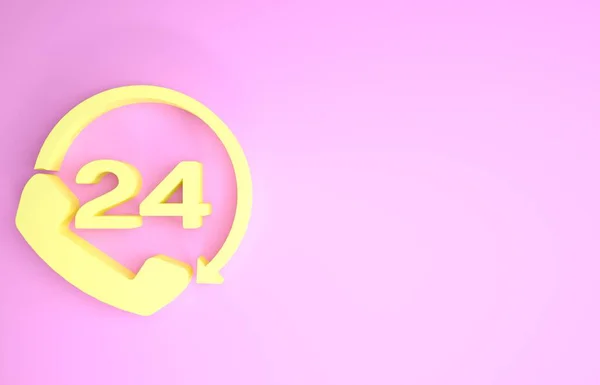 Teléfono amarillo 24 horas icono de soporte aislado sobre fondo rosa. Centro de atención al cliente durante todo el día. Servicios de llamadas a tiempo completo. Concepto minimalista. 3D ilustración 3D render — Foto de Stock