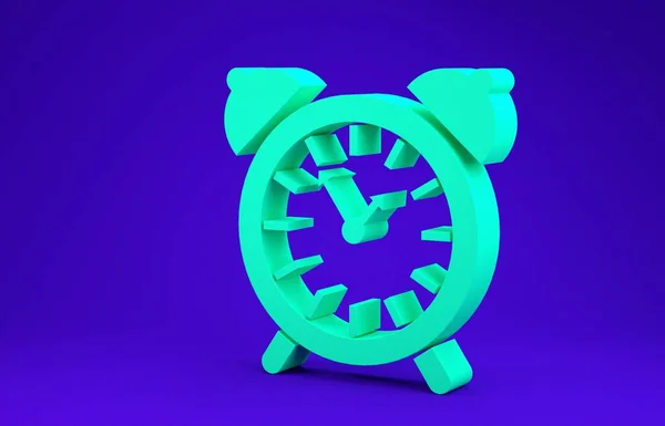 Icono del reloj de alarma verde aislado sobre fondo azul. Despierta, levántate concepto. Señal de tiempo. Concepto minimalista. 3D ilustración 3D render —  Fotos de Stock