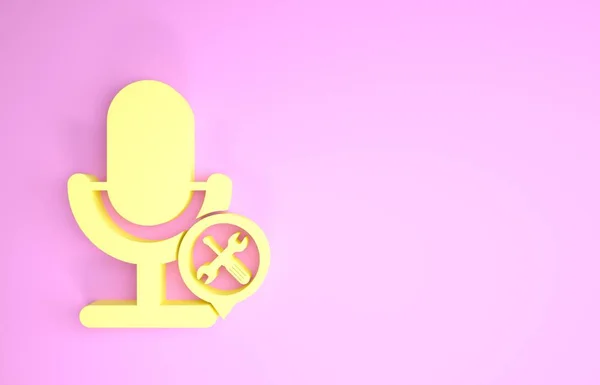 Gul mikrofon med skruvmejsel och skiftnyckel ikon isolerad på rosa bakgrund. Justering, service, inställning, underhåll, reparation, fixering. Minimalistiskt koncept. 3D-illustration 3D-återgivning — Stockfoto