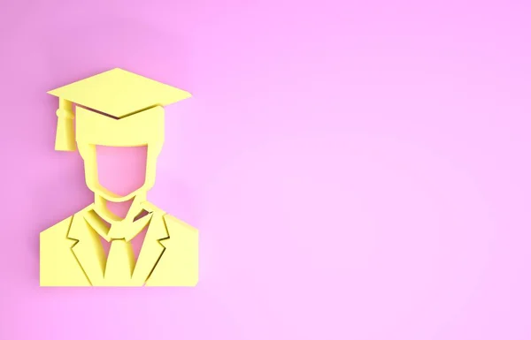 Pembe arka planda cübbe ve mezuniyet şapkası ikonu olan sarı erkek öğrenci profili. Minimalizm kavramı. 3d illüstrasyon 3d canlandırma — Stok fotoğraf