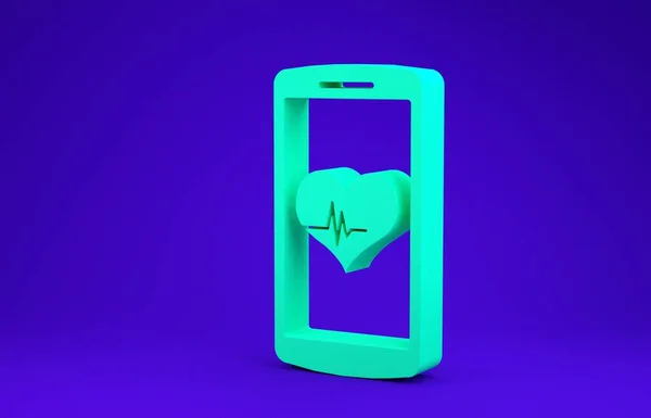 绿色智能手机与心率监测功能图标隔离在蓝色背景. 最低纲领的概念。 3d说明3d — 图库照片
