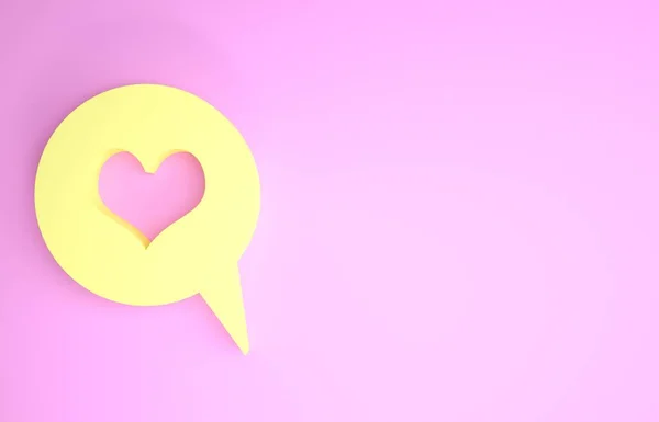 Yellow Heart in speech bubble icon isolated on pink background. Heart shape in message bubble. Love sign. Valentines day symbol. Minimalism concept. 3d illustration 3D render — Stock Photo, Image