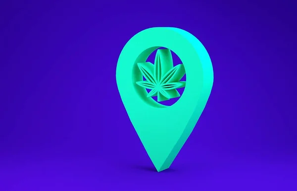 Green Map pointer and marijuana or cannabis leaf icon isolated on blue background. Hemp symbol. Minimalism concept. 3d illustration 3D render — Stock Photo, Image