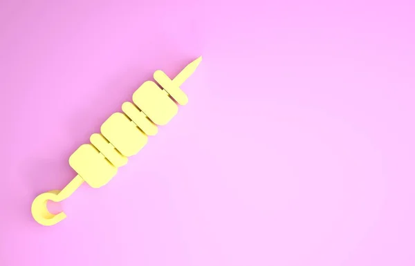 Gelber gegrillter Schaschlik auf Spießspieß-Symbol isoliert auf rosa Hintergrund. Fleischspieß am Spieß. Picknick mit Grillfleisch. Minimalismus-Konzept. 3D Illustration 3D Renderer — Stockfoto
