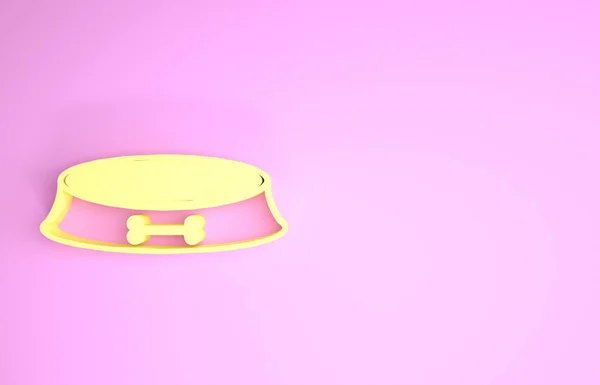 Bol alimentaire jaune pour chat ou chien isolé sur fond rose. Signe osseux de chien. Concept de minimalisme. Illustration 3D rendu 3D — Photo