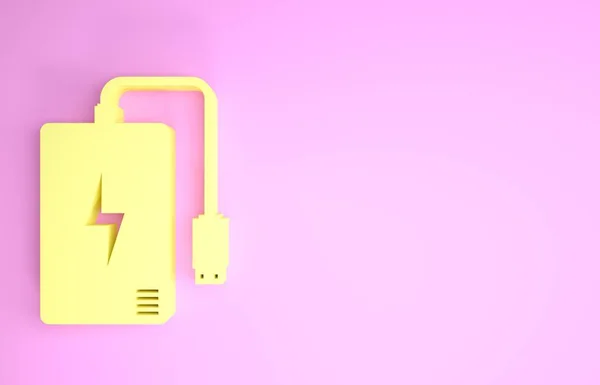 Żółty Power bank z inną ikoną kabla ładowania izolowane na różowym tle. Przenośne urządzenie do ładowania. Koncepcja minimalizmu. Ilustracja 3d — Zdjęcie stockowe