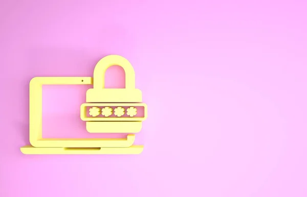Laptop Kuning dengan notifikasi sandi dan ikon kunci terisolasi pada latar belakang merah muda. Keamanan, akses pribadi, otorisasi pengguna, formulir login. Konsep minimalisme. Tampilan 3D ilustrasi 3d — Stok Foto