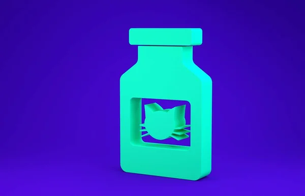 Icône bouteille de médicament chat vert isolé sur fond bleu. Conteneur avec pilules. Médicaments sur ordonnance pour animaux. Concept de minimalisme. Illustration 3D rendu 3D — Photo