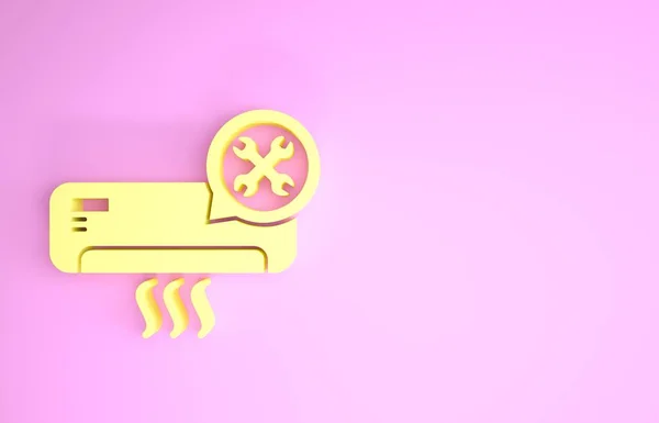 Gul luftkonditionering med skruvmejsel och skiftnyckel ikon isolerad på rosa bakgrund. Justering, service, inställning, underhåll, reparation, fixering. Minimalistiskt koncept. 3D-illustration 3D-återgivning — Stockfoto