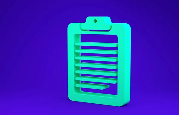 Clipboard verde com ícone de documento isolado no fundo azul. Conceito de minimalismo. 3D ilustração 3D render — Fotografia de Stock