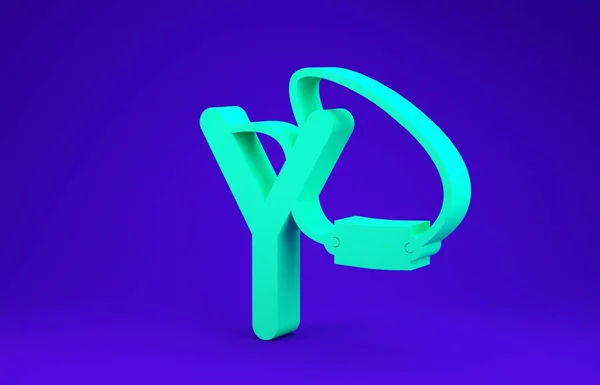 Icona Slingshot verde isolata su sfondo blu. Concetto minimalista. Illustrazione 3d rendering 3D — Foto Stock