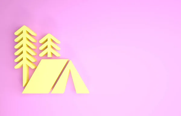 Geel Toeristentent icoon geïsoleerd op roze achtergrond. Kamperen symbool. Minimalisme concept. 3d illustratie 3D renderen — Stockfoto