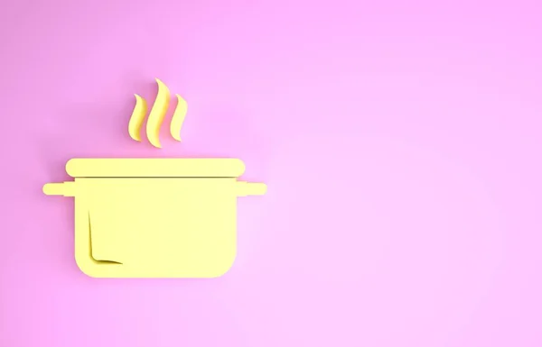 Ícone de panela de cozinha amarelo isolado no fundo rosa. Ferva ou guisado símbolo de comida. Conceito de minimalismo. 3D ilustração 3D render — Fotografia de Stock