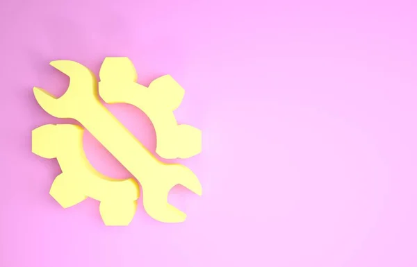 Chave amarela e ícone de engrenagem isolado no fundo rosa. Ajuste, serviço, configuração, manutenção, reparação, fixação. Conceito de minimalismo. 3D ilustração 3D render — Fotografia de Stock