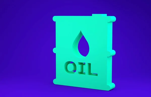 Значок Green Oil Barrel выделен на синем фоне. Контейнер с маслом. Для инфографики, топлива, промышленности, энергетики, экологии. Концепция минимализма. 3D-рендеринг — стоковое фото