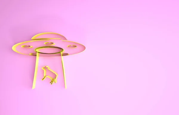 Żółty Ufo porywa ikonę krowy na różowym tle. Latający spodek. Kosmiczny statek kosmiczny. Futurystyczny, nieznany obiekt latający. Koncepcja minimalizmu. Ilustracja 3d — Zdjęcie stockowe