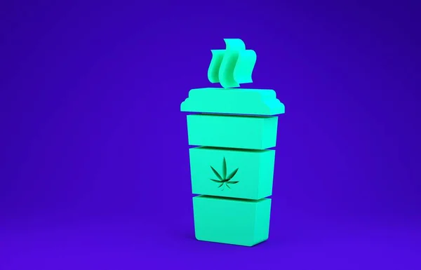 Café Green Cup con marihuana o icono de hoja de cannabis aislado sobre fondo azul. Legalización de la marihuana. Un símbolo de cáñamo. Concepto minimalista. 3D ilustración 3D render —  Fotos de Stock