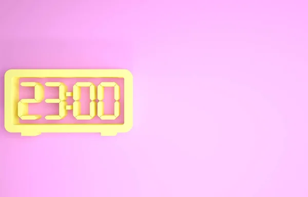 Żółta Cyfrowa ikona budzika izolowana na różowym tle. Elektroniczny budzik zegarkowy. Ikona czasu. Koncepcja minimalizmu. Ilustracja 3D 3D renderowania — Zdjęcie stockowe