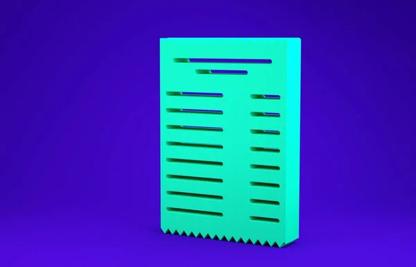 Grönbokskontrollen och ikonen för finansiell kontroll isolerad på blå bakgrund. Kontroll av papperstryck, kvitto eller faktura. Minimalistiskt koncept. 3D-illustration 3D-återgivning — Stockfoto