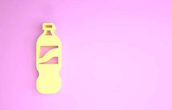 분홍색 배경에 물 아이콘의 노란 병 이 따로 있습니다. 소다 아쿠아 음료 간판. 미니멀리즘의 개념입니다. 3d 삽화 3D 렌더링 — 스톡 사진