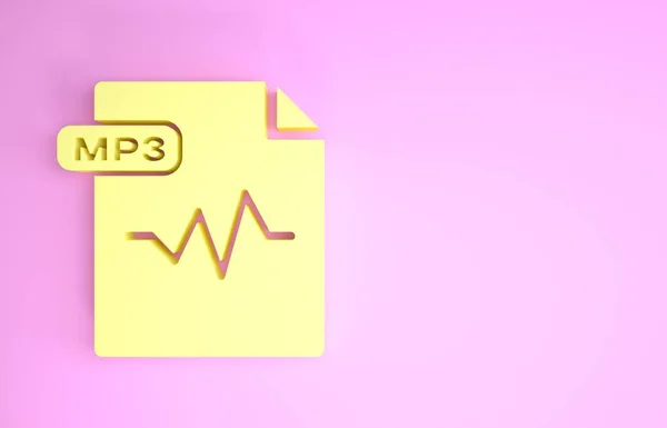 Documento amarillo del archivo MP3. Descargar icono del botón mp3 aislado sobre fondo rosa. Signo de formato de música Mp3. Símbolo de archivo MP3. Concepto minimalista. 3D ilustración 3D render — Foto de Stock