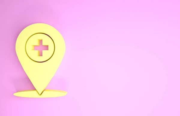 Żółty wskaźnik mapy medycznej z krzyżową ikoną szpitala odizolowany na różowym tle. Koncepcja minimalizmu. Ilustracja 3d — Zdjęcie stockowe