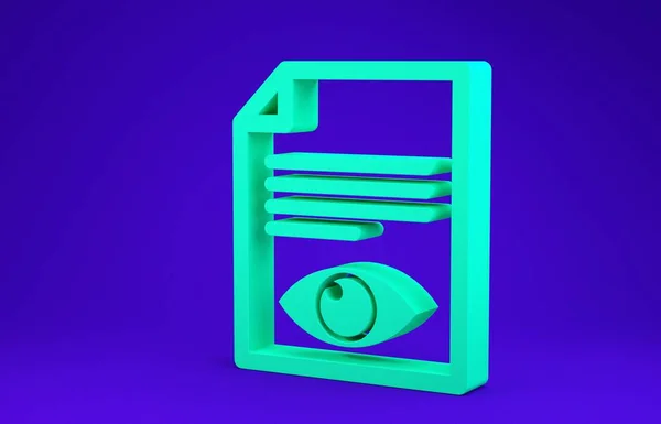 Página de Libro Verde con icono de símbolo ocular aislado sobre fondo azul. Abrir signo de archivo de información. Concepto minimalista. 3D ilustración 3D render — Foto de Stock