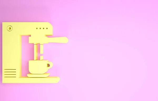 Máquina de café amarelo e ícone xícara de café isolado no fundo rosa. Conceito de minimalismo. 3D ilustração 3D render — Fotografia de Stock