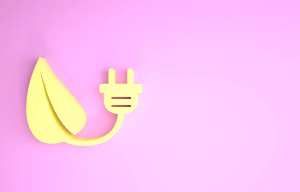 Amarillo Enchufe de ahorro eléctrico en el icono de la hoja aislado sobre fondo rosa. Ahorre energía icono de electricidad. Icono de protección ambiental. Bioenergía. Concepto minimalista. 3D ilustración 3D render — Foto de Stock