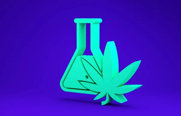Zöld kémiai kémcső marihuána vagy cannabis levél ikon elszigetelt kék alapon. Kutatási koncepció. Laboratóriumi Cbd olaj koncepció. Minimalizmus koncepció. 3d illusztráció 3d render — Stock Fotó