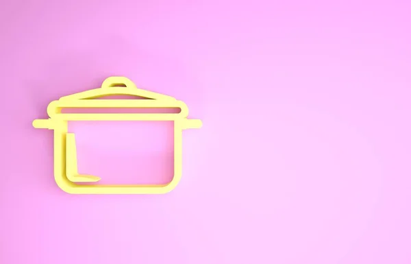 Ícone de panela de cozinha amarelo isolado no fundo rosa. Ferva ou guisado símbolo de comida. Conceito de minimalismo. 3D ilustração 3D render — Fotografia de Stock