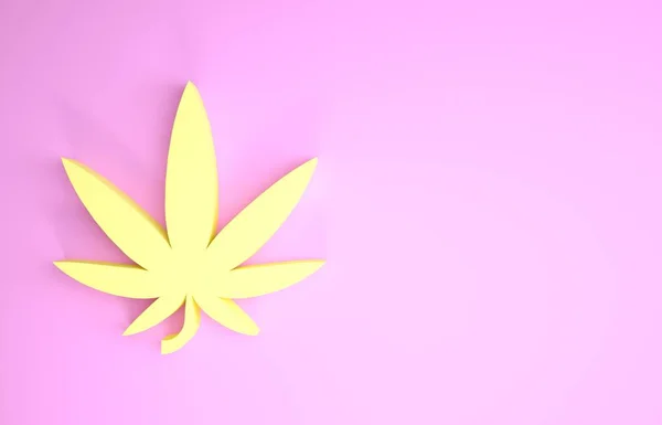 Sarı Tıbbi marihuana veya kenevir yaprağı ikonu pembe arka planda izole edilmiş. Kenevir sembolü. Minimalizm kavramı. 3d illüstrasyon 3d canlandırma — Stok fotoğraf