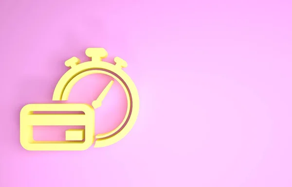 Gelbes Symbol für schnelle Zahlungen isoliert auf rosa Hintergrund. schnelle Zahlung per Überweisung. Finanzdienstleistungen, schnelles Darlehen, Zeit ist Geld, Cash-Back-Konzept. Minimalismus-Konzept. 3D Illustration 3D Renderer — Stockfoto