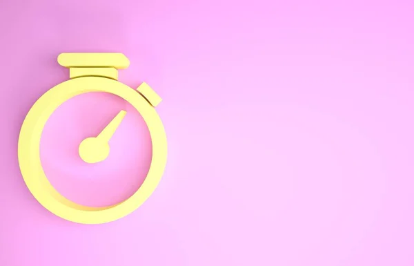 Желтый значок секундомера выделен на розовом фоне. Знак таймера. Концепция минимализма. 3D-рендеринг — стоковое фото