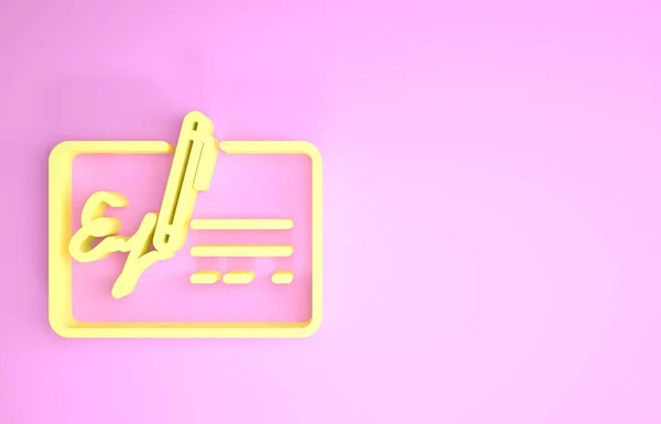 Ікона "Жовтого знака" ізольована на рожевому фоні. Пен підписала контракт з підписом. Редагування документа. Концепція мінімалізму. 3d Illustrated 3d render — стокове фото