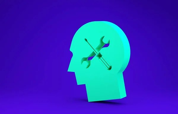 Green Human head with with screwdriver and wrench icon isolated on blue background. Artificial intelligence. Symbol work of brain. Minimalism concept. 3d illustration 3D render — Stock Photo, Image