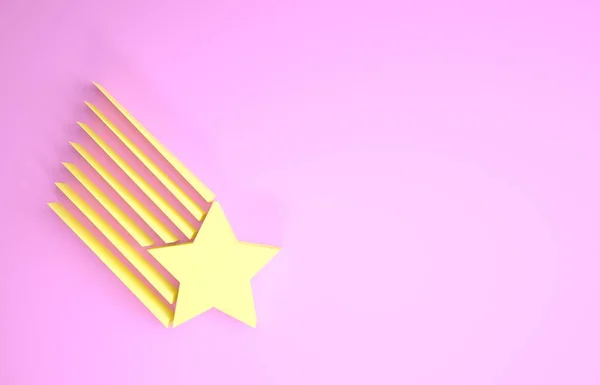 Žluté padající hvězda ikona izolované na růžovém pozadí. Padající hvězda s hvězdnou stezkou. Meteoroid, meteorit, kometa, asteroid, hvězdná ikona. Minimalismus. 3D ilustrace 3D vykreslení — Stock fotografie