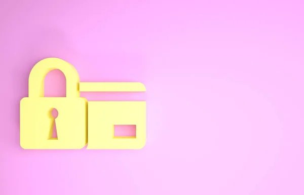 Cartão de crédito amarelo com ícone de bloqueio isolado no fundo rosa. Cartão bancário trancado. Segurança, segurança, proteção conceito. Conceito de um pagamento seguro. Conceito de minimalismo. 3D ilustração 3D render — Fotografia de Stock
